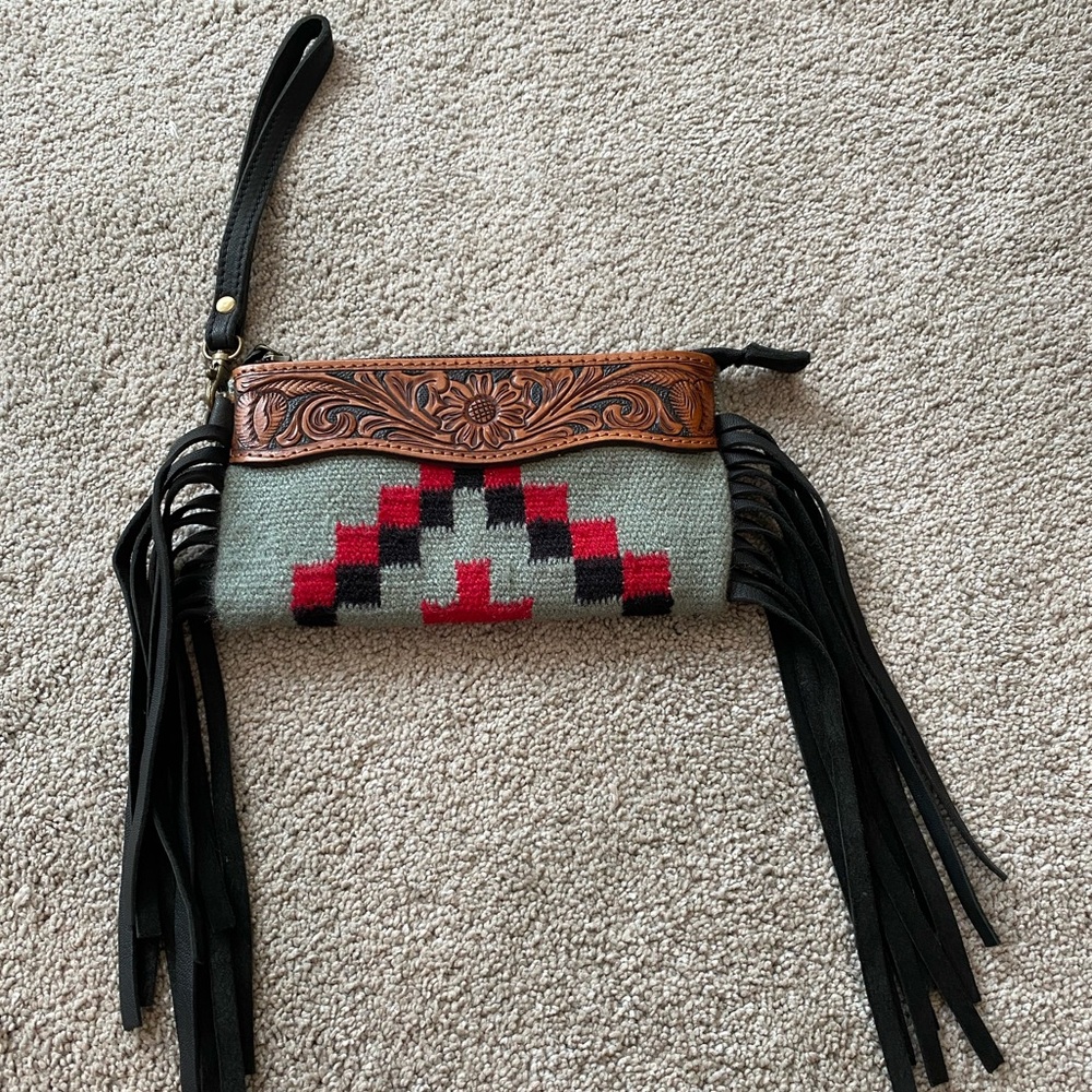 Clutch Purse. American Darling. Western fringe Aztec print wrist clutch